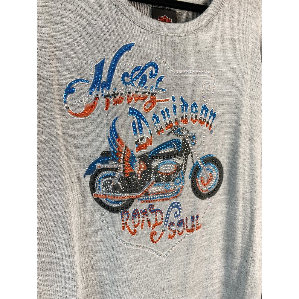 Harley Davidson‎ Womens Road Soul Rhinestone Top 2X Grey Long Sleeve Biker Y2K - Picture 3 of 9
